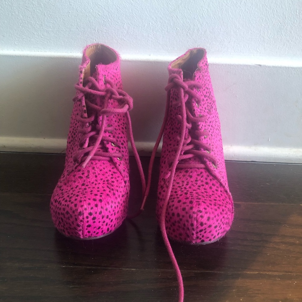 Jeffrey Campbell pink leopard pony hair wedge booties
